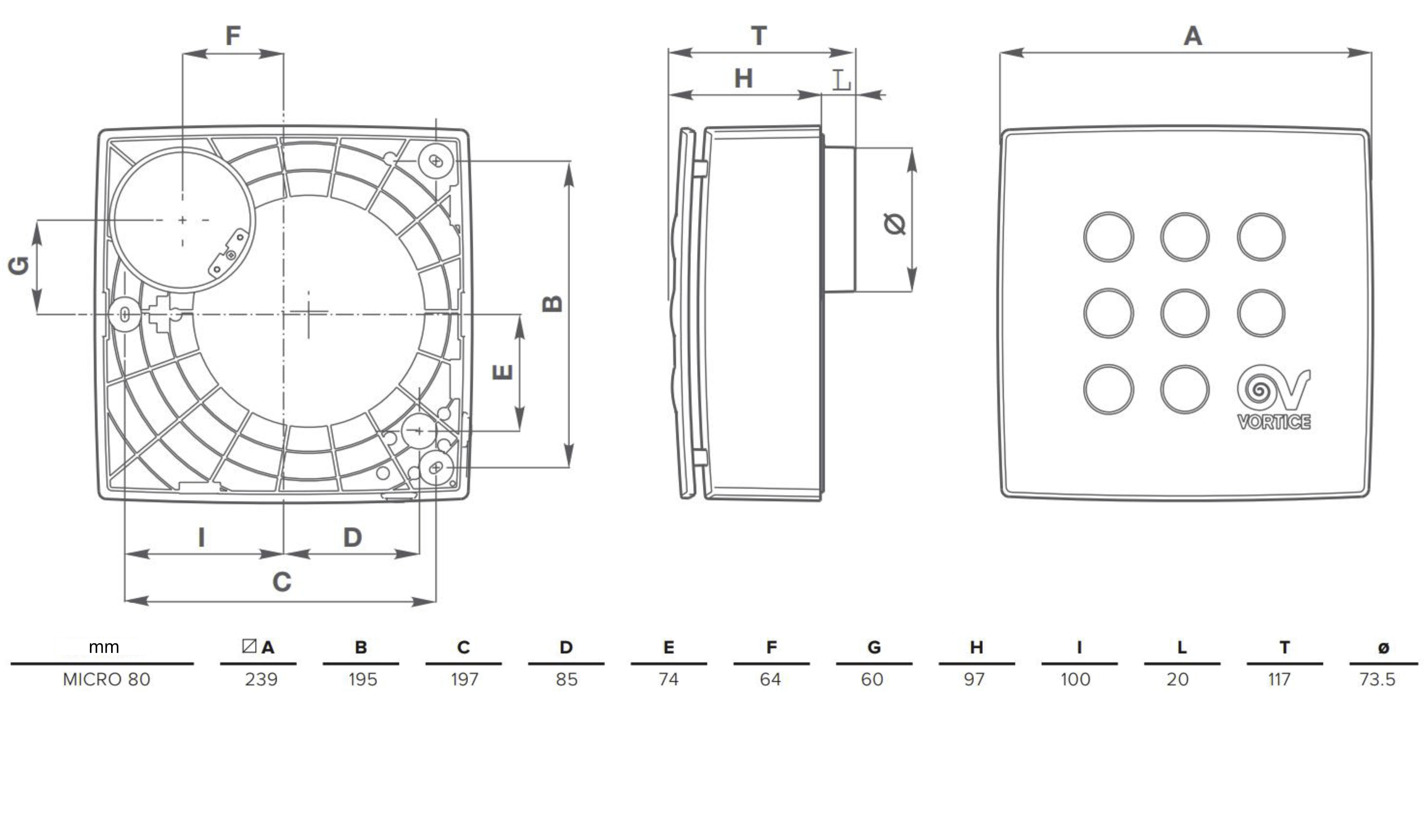 Disegno tecnico di un ventilatore, con dimensioni ed etichette.