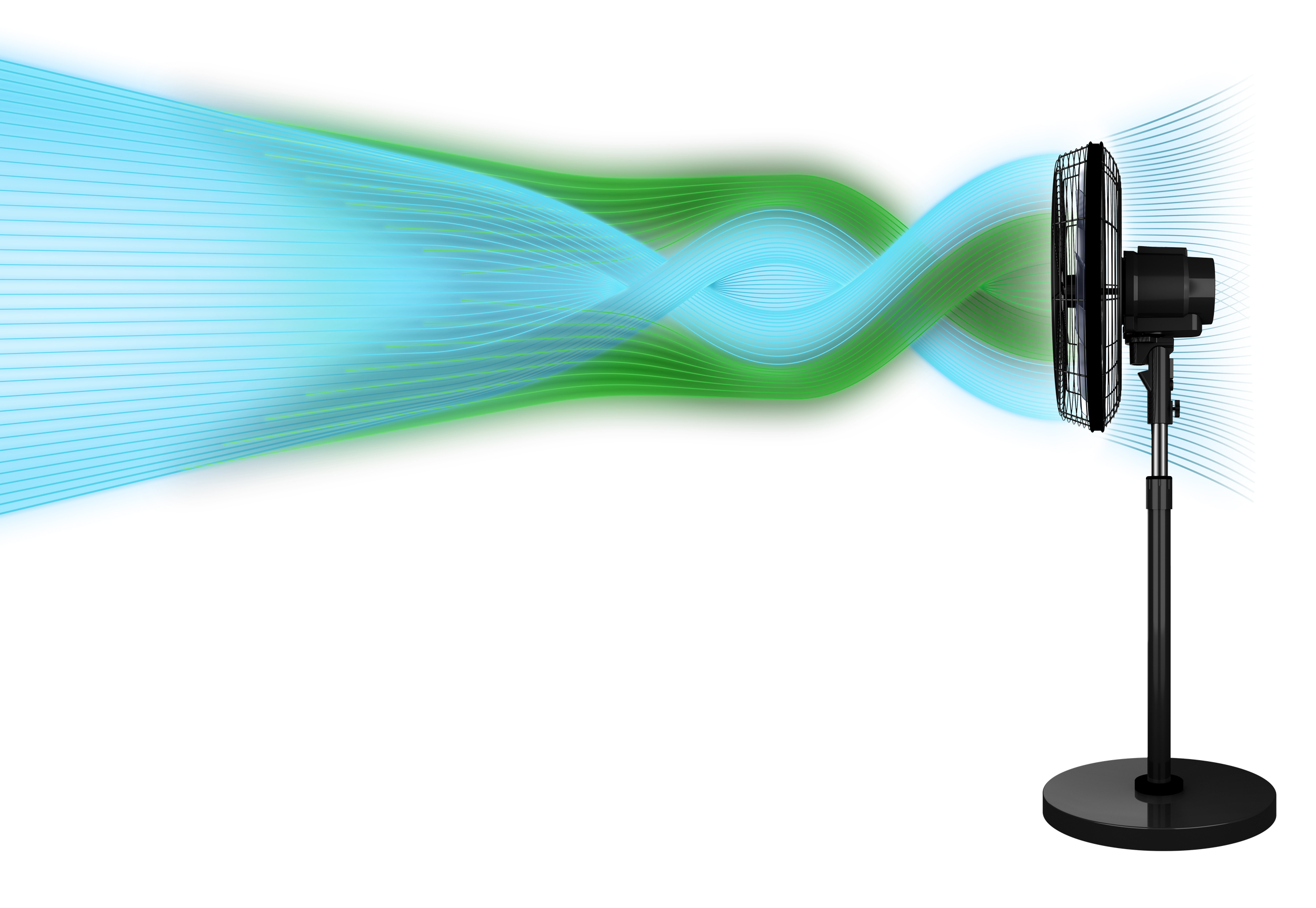 Schwarzer Standventilator mit grünen und blauen Luftstromlinien. Weißer Hintergrund.