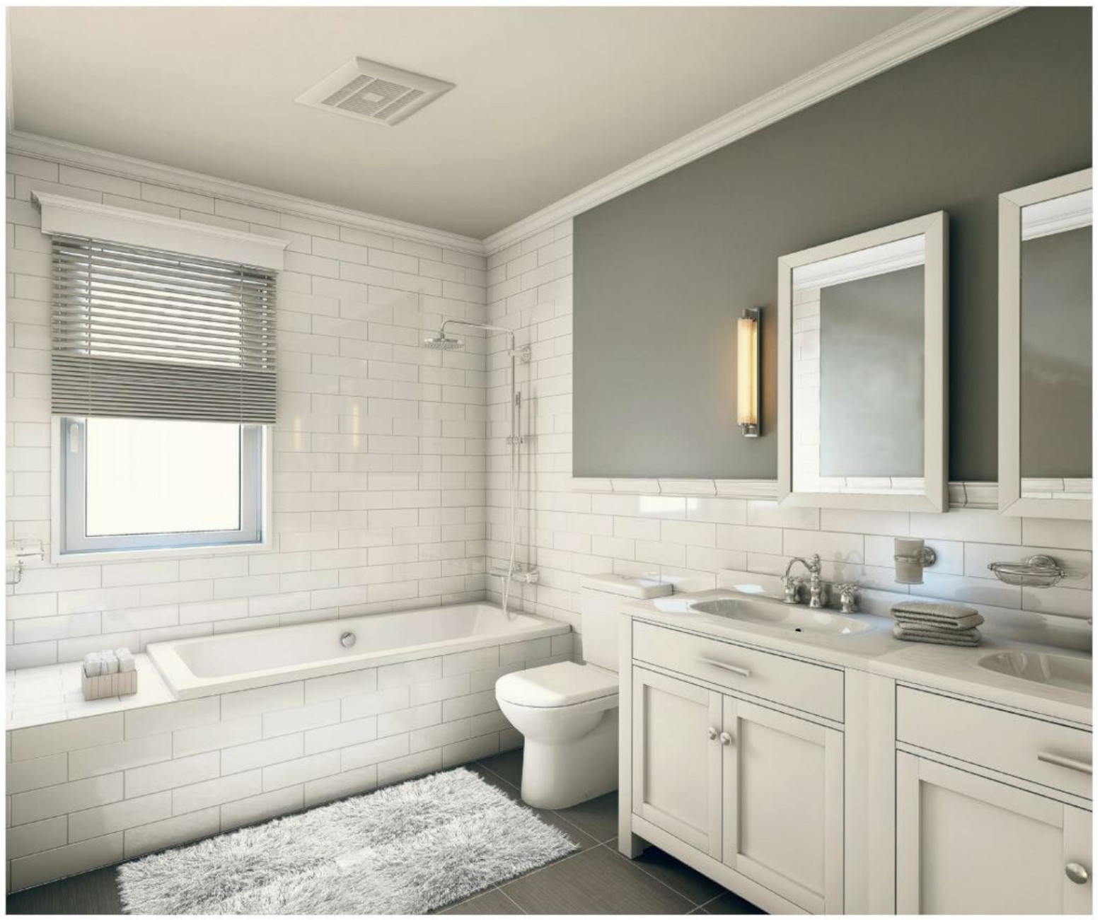 Badezimmer mit weißen Fliesen, Badewanne, Toilette und grauer Wand. Ein Fenster mit Jalousien ist vorhanden.