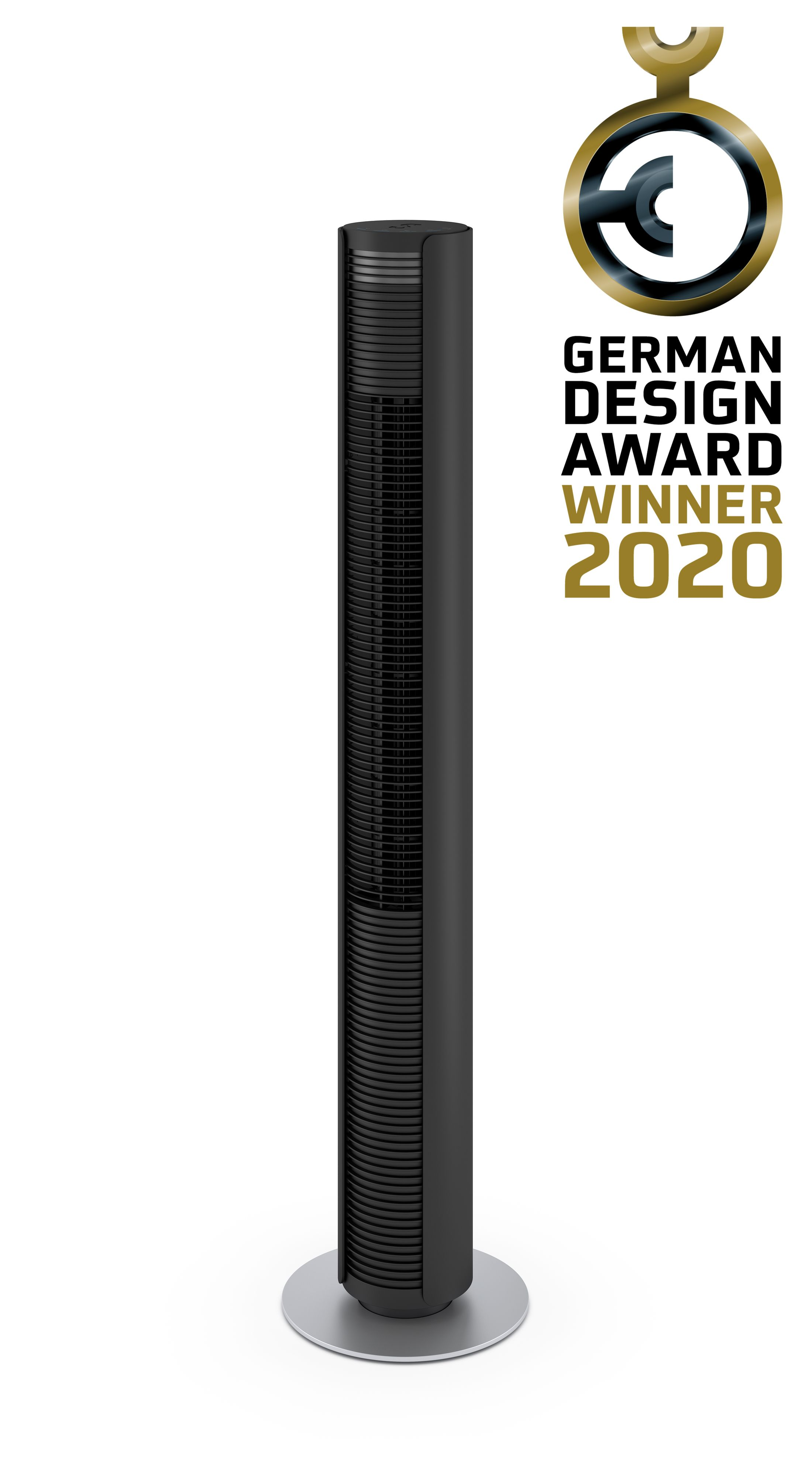 Purificateur d'air noir, haut et cylindrique. Base argentée, logo German Design Award Winner 2020.