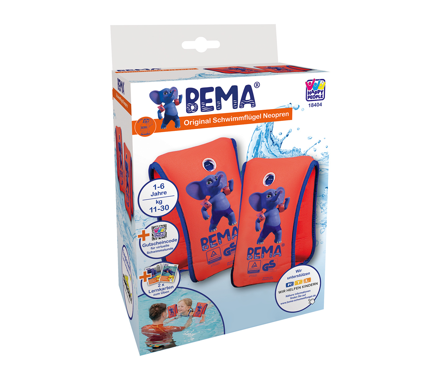 Box mit orangefarbenen Armbändern mit blauen Elefanten-Grafiken für Kinder, die schwimmen lernen.