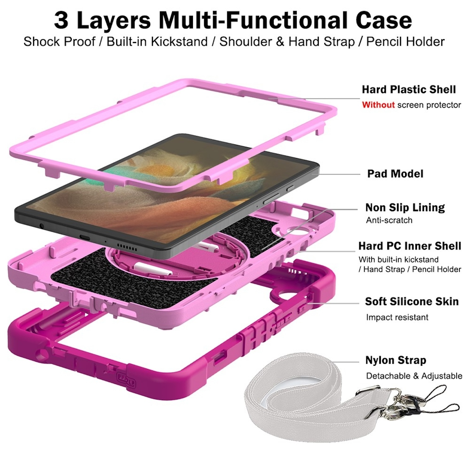 Ein mehrschichtiges rosa Tablet-Hüllendesign, das die verschiedenen Komponenten und ihre Funktionen zeigt.