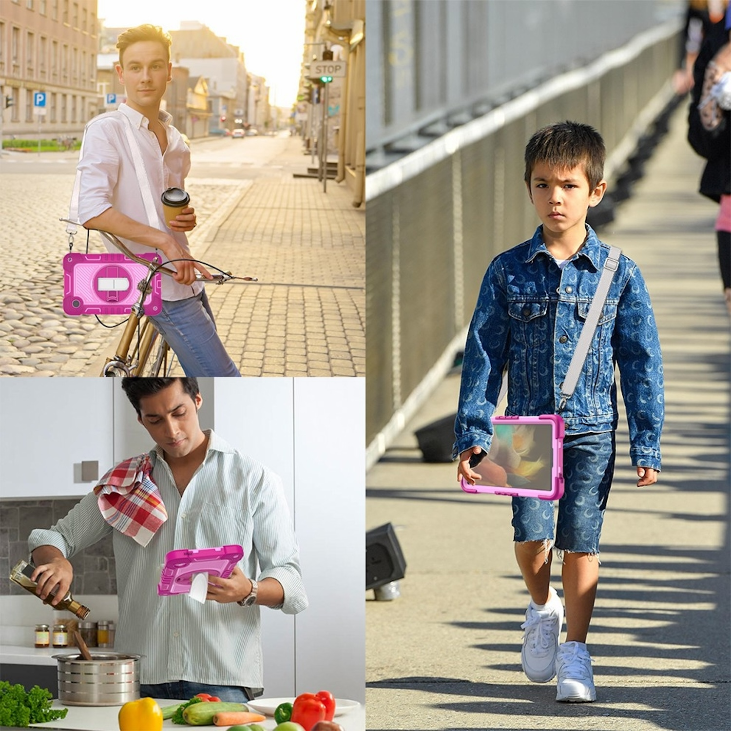 Mehrere Personen, die ein Tablet mit rosa Hülle in verschiedenen Umgebungen benutzen, zeigen Vielseitigkeit.
