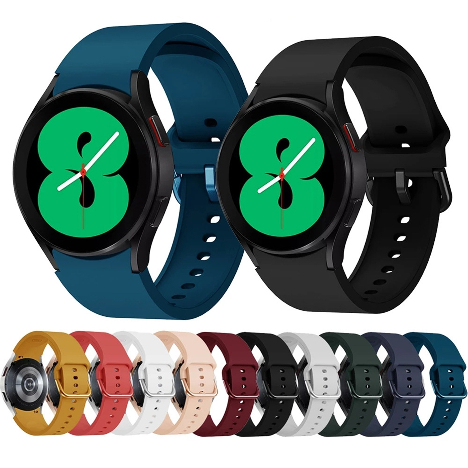 Smartwatches mit bunten Armbändern. Einer ist blau, einer ist schwarz und der Rest ist bunt.