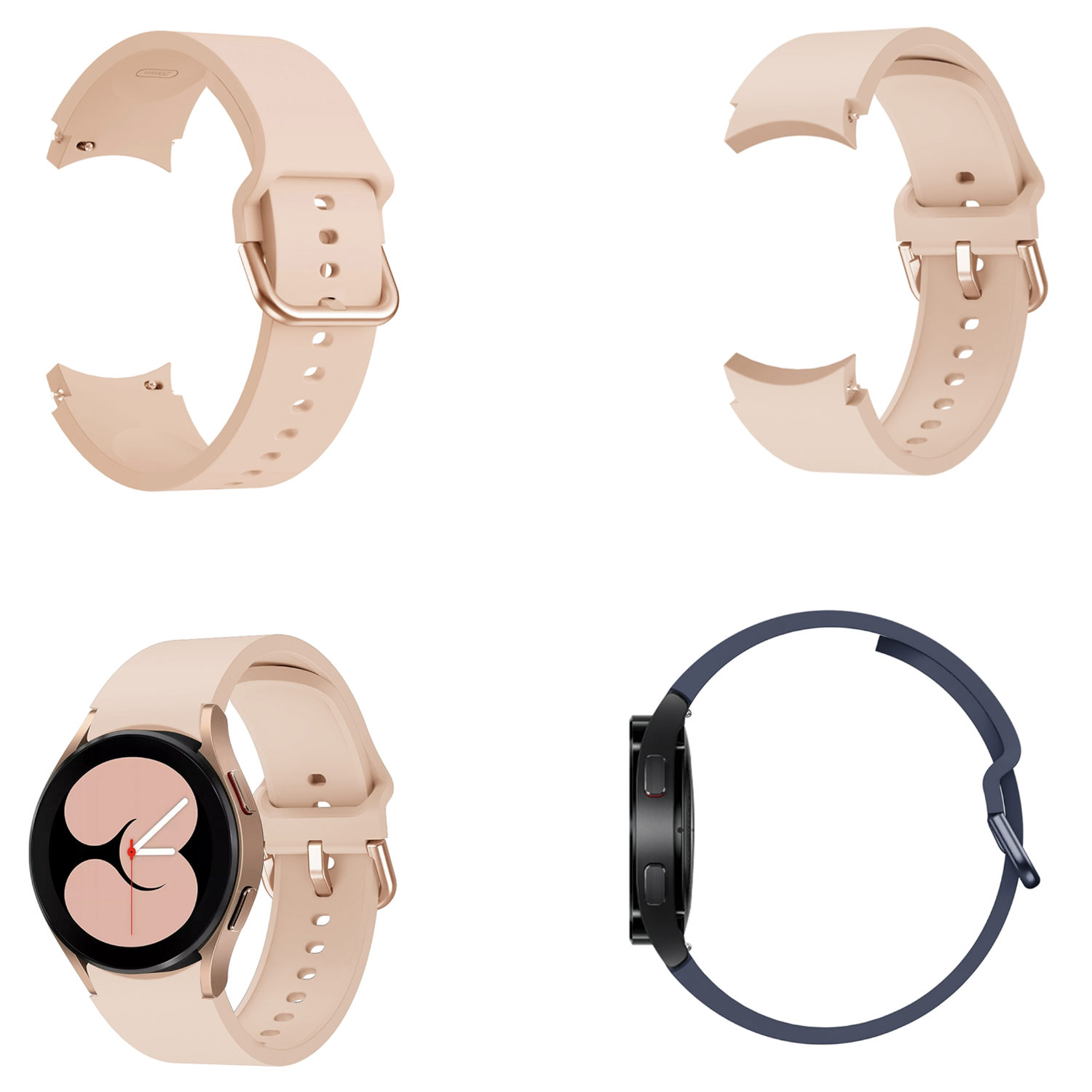 Vier Bilder eines Uhrenarmbands in verschiedenen Konfigurationen. Das Armband ist beige, mit goldener Schnalle.