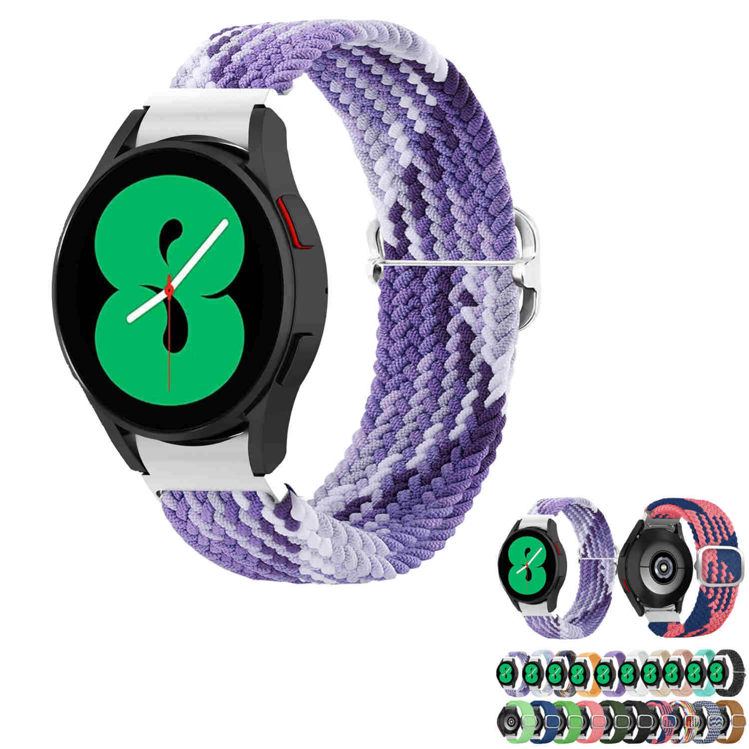 Smartwatch mit lila und weißem Armband. Das Zifferblatt zeigt eine grüne 8.