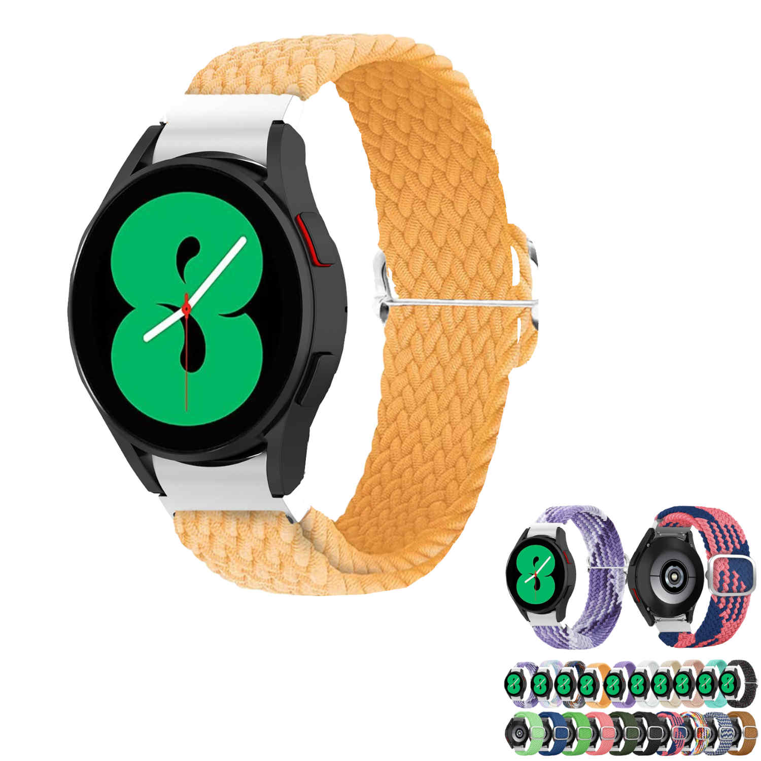 Eine Uhr mit gelbem Armband und mehreren bunten Armbändern darunter.