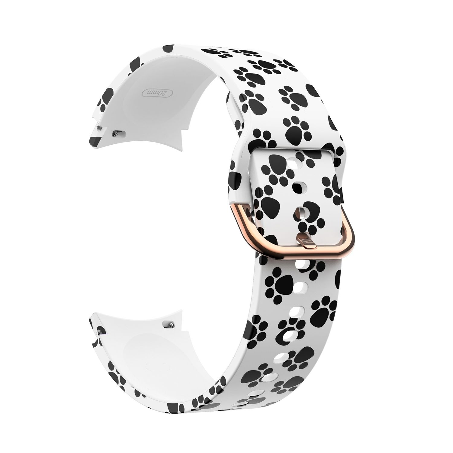 Weißes Uhrenarmband mit schwarzen Pfotenabdrücken. Die Schnalle ist goldfarben.