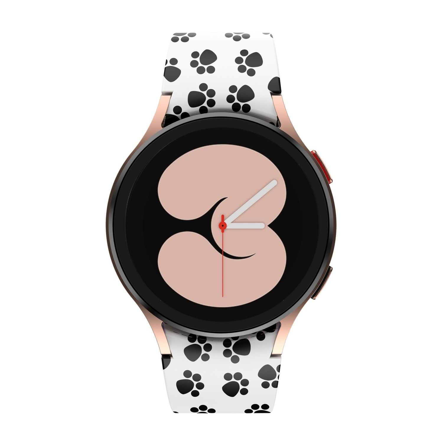 Roségoldene Smartwatch mit weißem Band mit schwarzen Pfotenabdrücken. Das Zifferblatt ist rosa und weiß.