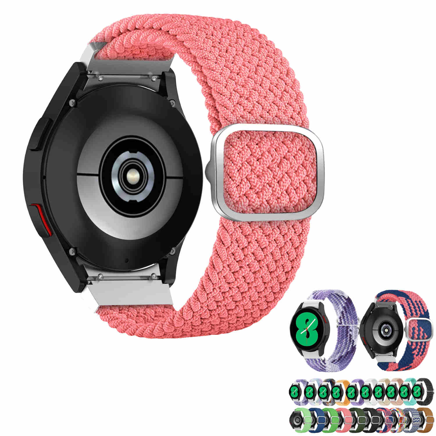 Rosa geflochtenes Uhrenarmband, verbunden mit einer schwarzen Uhr. Andere Bandfarben gezeigt.