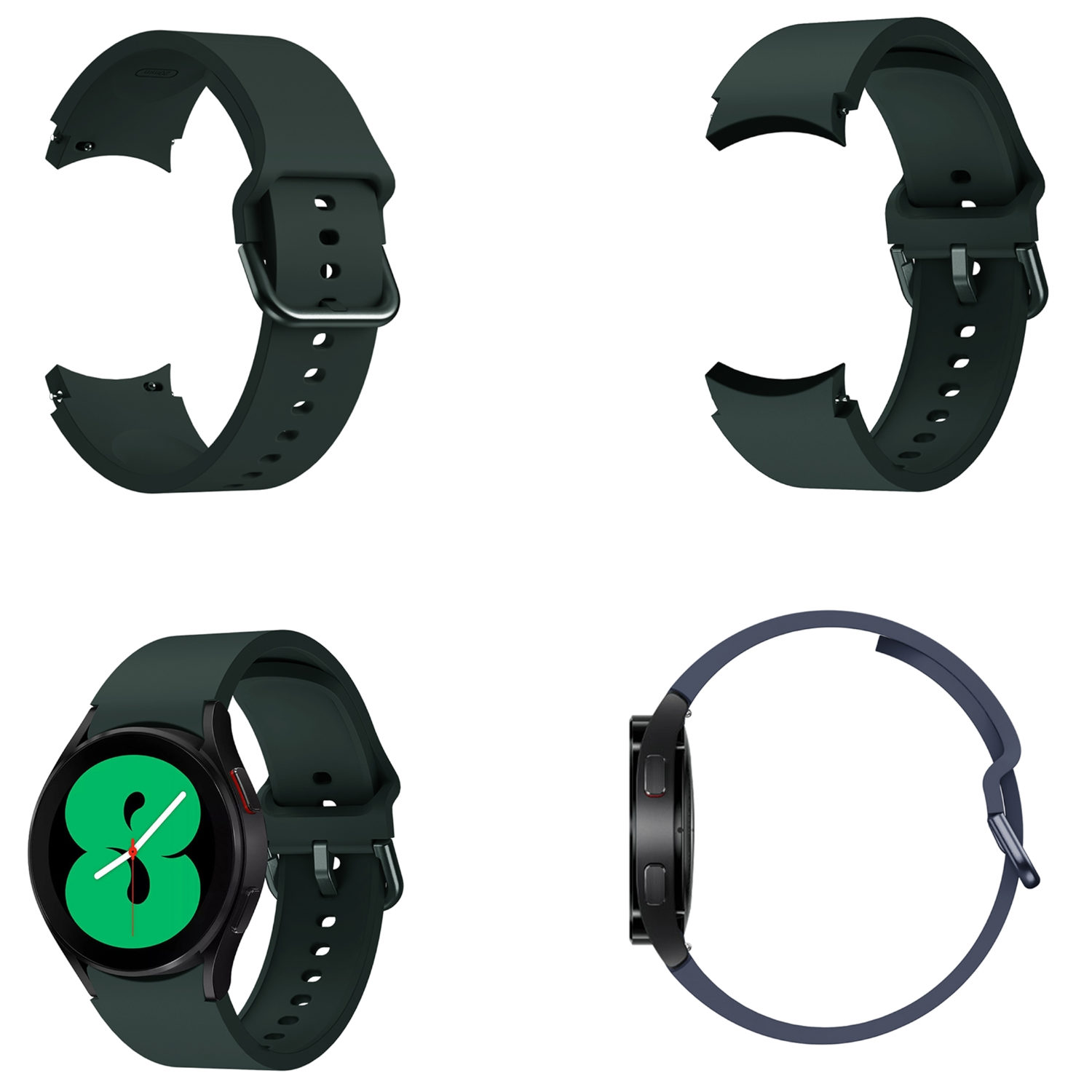 Dunkelgrüne Smartwatch mit dunkelgrünem Armband. Mehrere Ansichten zeigen die Uhr und Banddetails.