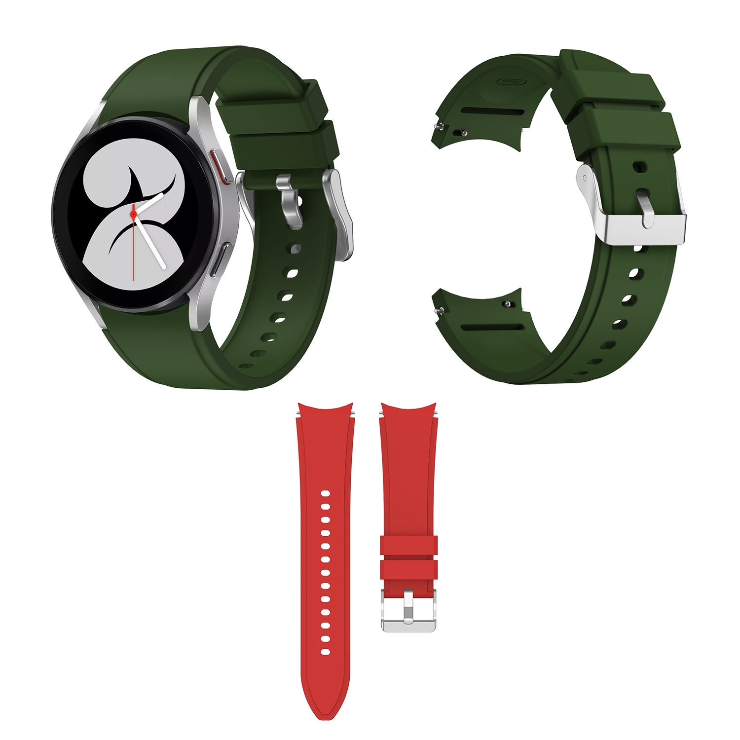 Abgenommenes grünes Uhrenarmband mit silberner Schnalle. Zwei rote Uhrenarmbänder.