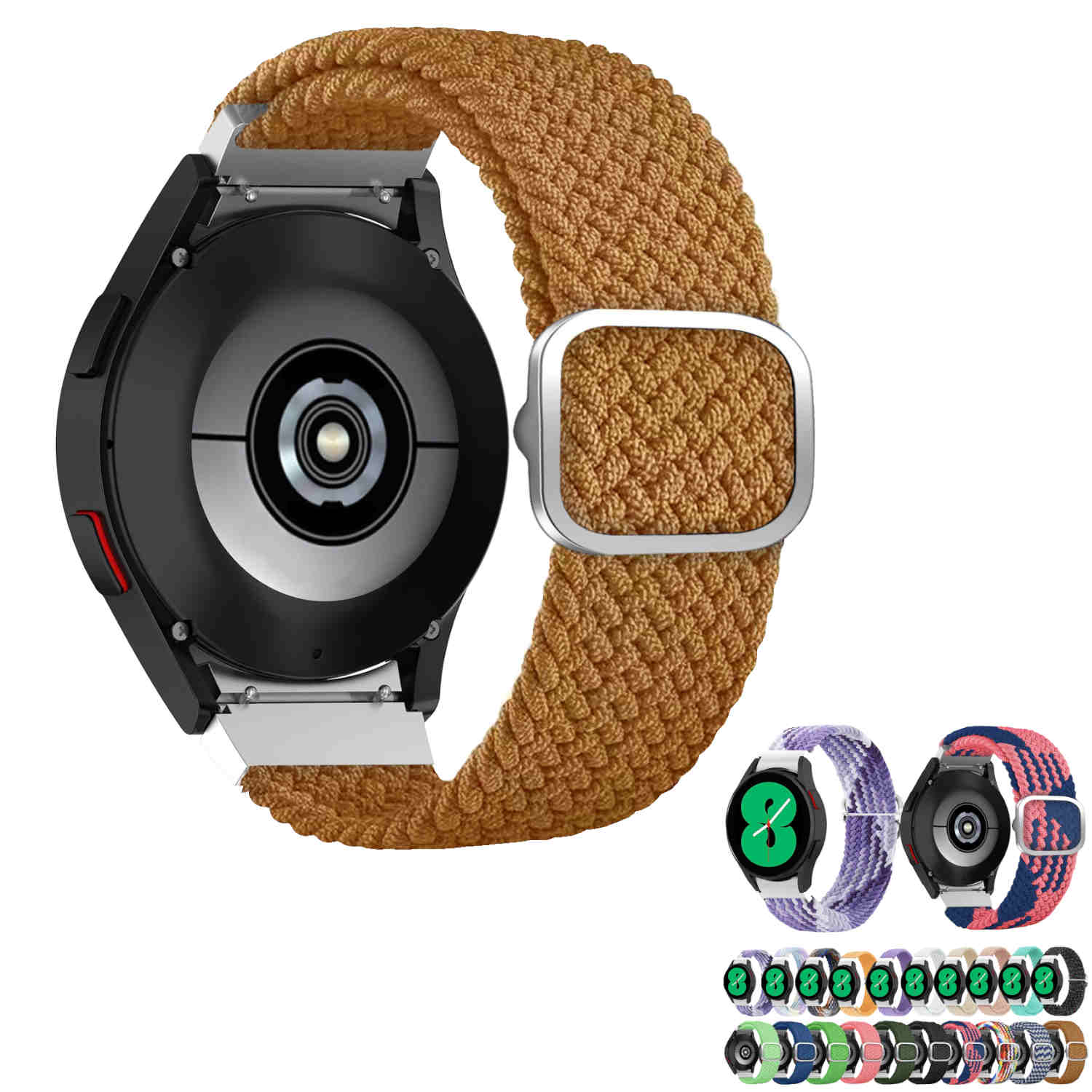 Ein braunes geflochtenes Uhrenarmband mit silberner Schnalle. Eine Uhr ist befestigt.