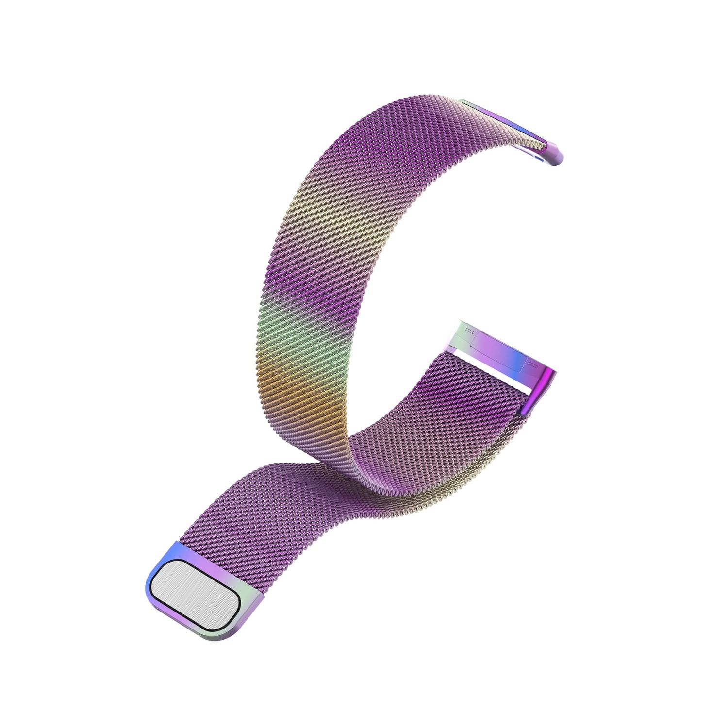 Ein regenbogenfarbenes Uhrenarmband, gebogen und isoliert auf Weiß.
