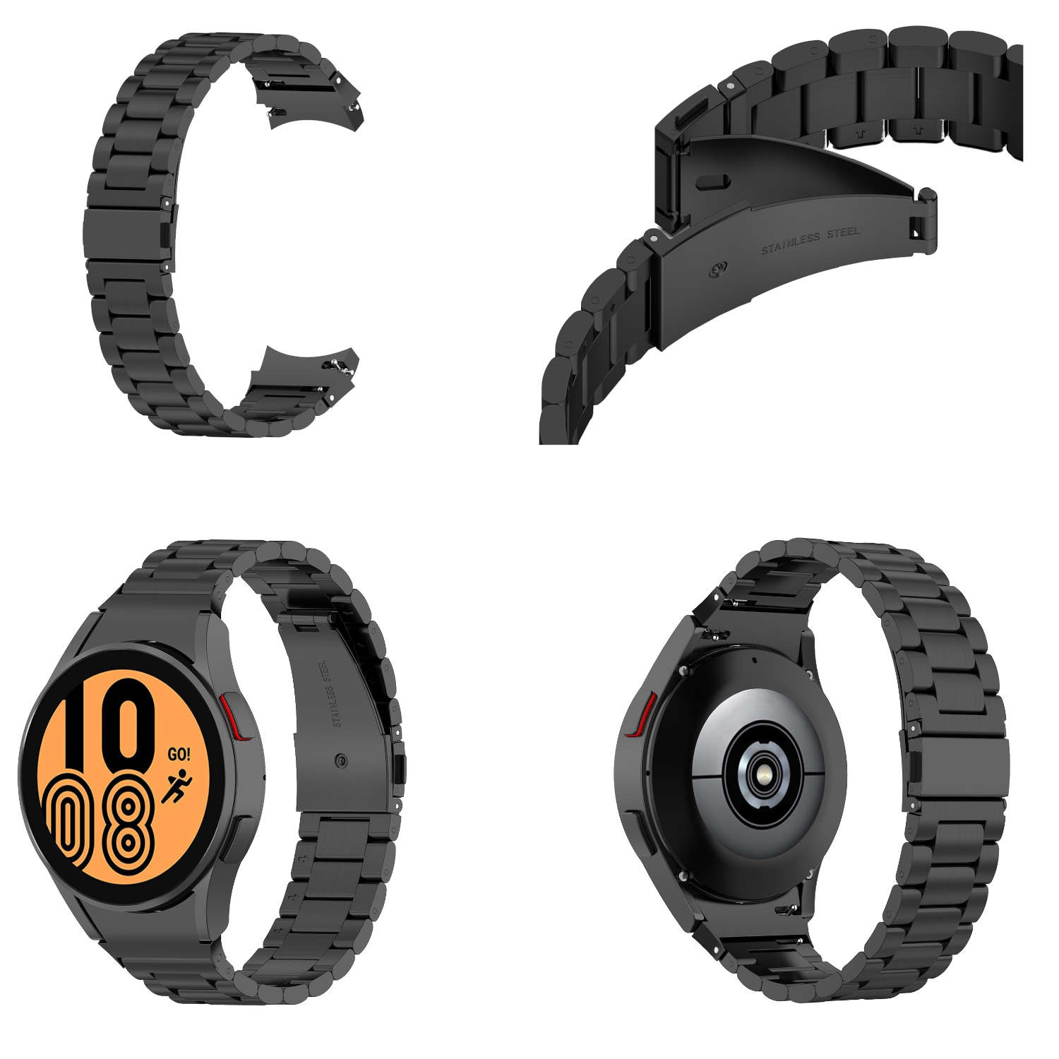 Vier Ansichten eines schwarzen Uhrenarmbands. Abgelöst, verbunden und montiert.