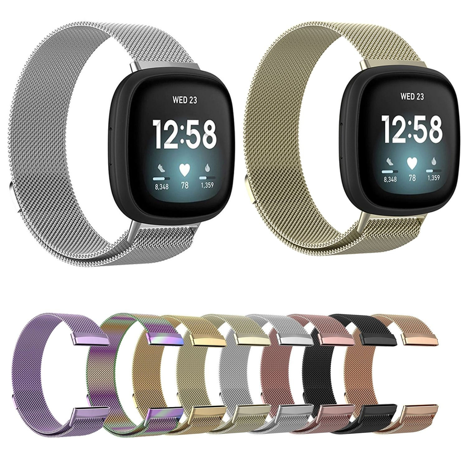 Zwei Smartwatches mit Metallbändern und mehrere Metall-Uhrenarmbänder werden angezeigt.
