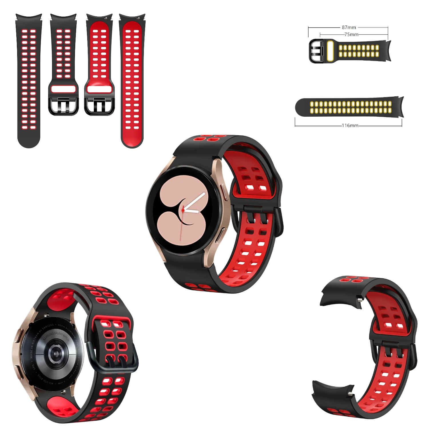 Schwarze und rote Uhrenarmbänder, Uhr und Zubehör werden auf weißem Hintergrund angezeigt.