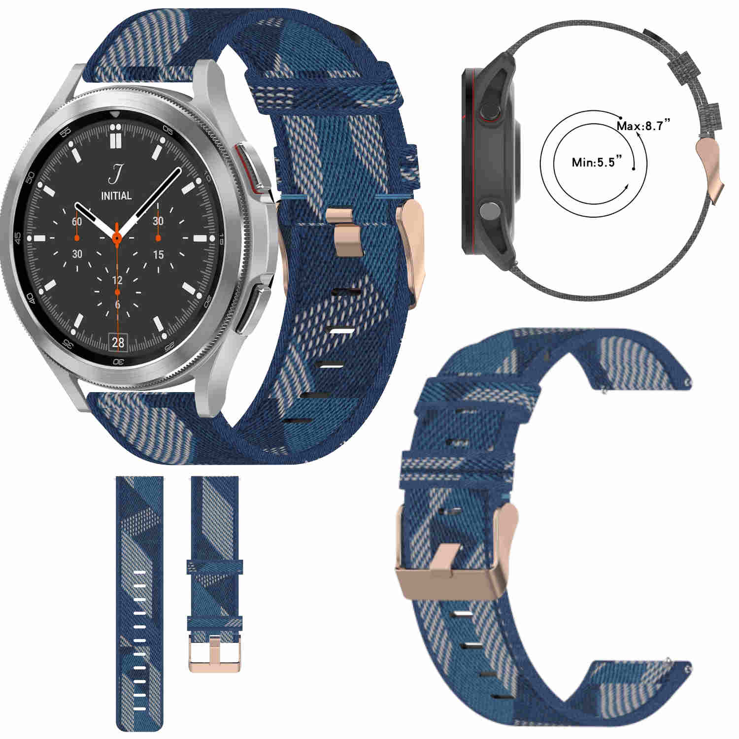 Uhr mit blauem Schottenmuster-Armband. Die Uhr ist silberfarben mit schwarzem Zifferblatt. Zusätzliche Bandteile sind enthalten.
