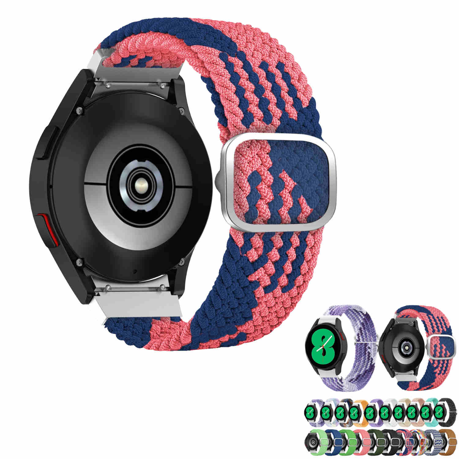 Ein rosa und blau geflochtenes Uhrenarmband wird mit einer Uhr auf weißem Hintergrund angezeigt.