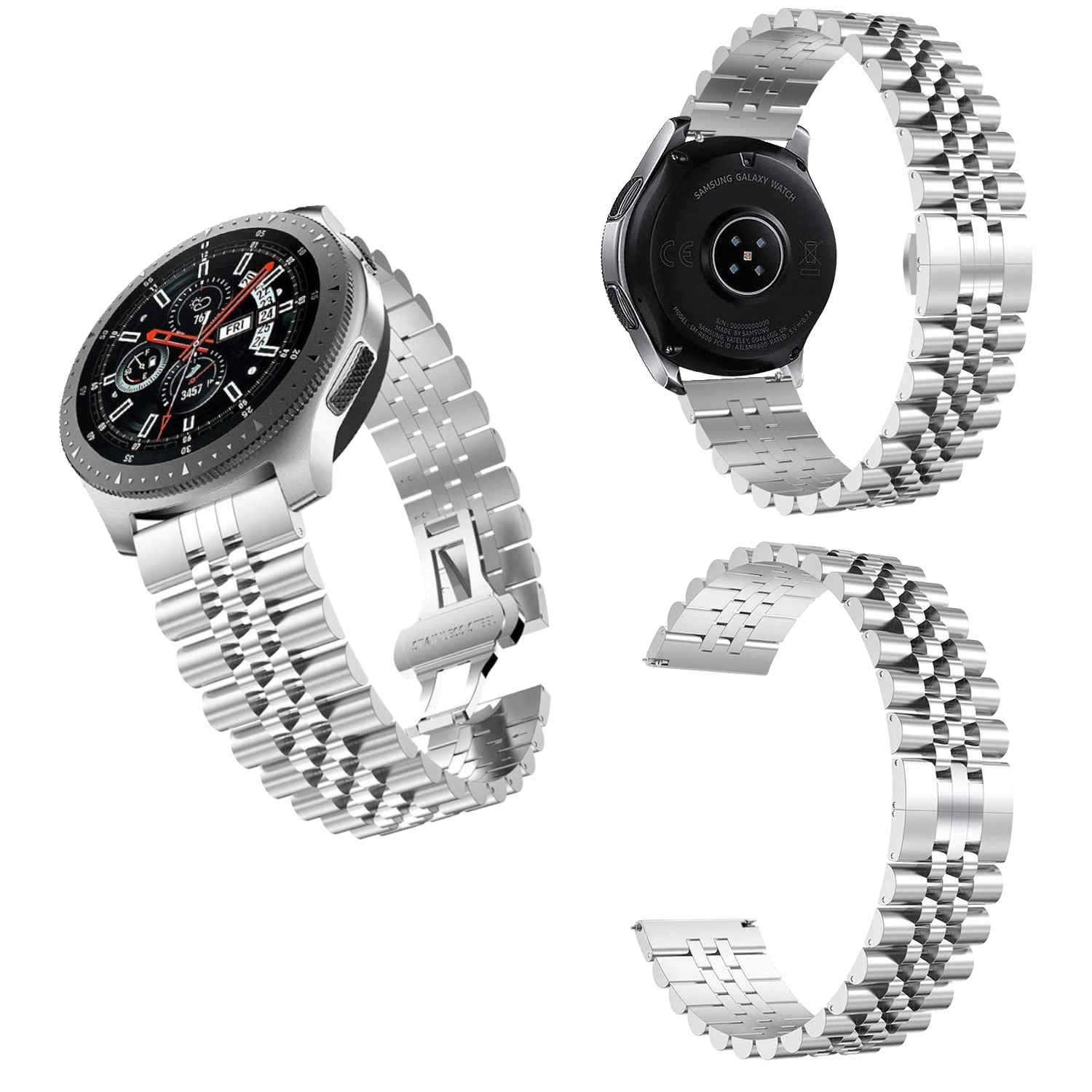 Silberne Uhr mit silbernem Armband. Mehrere Ansichten der Uhr und des Armbands. Weißer Hintergrund.