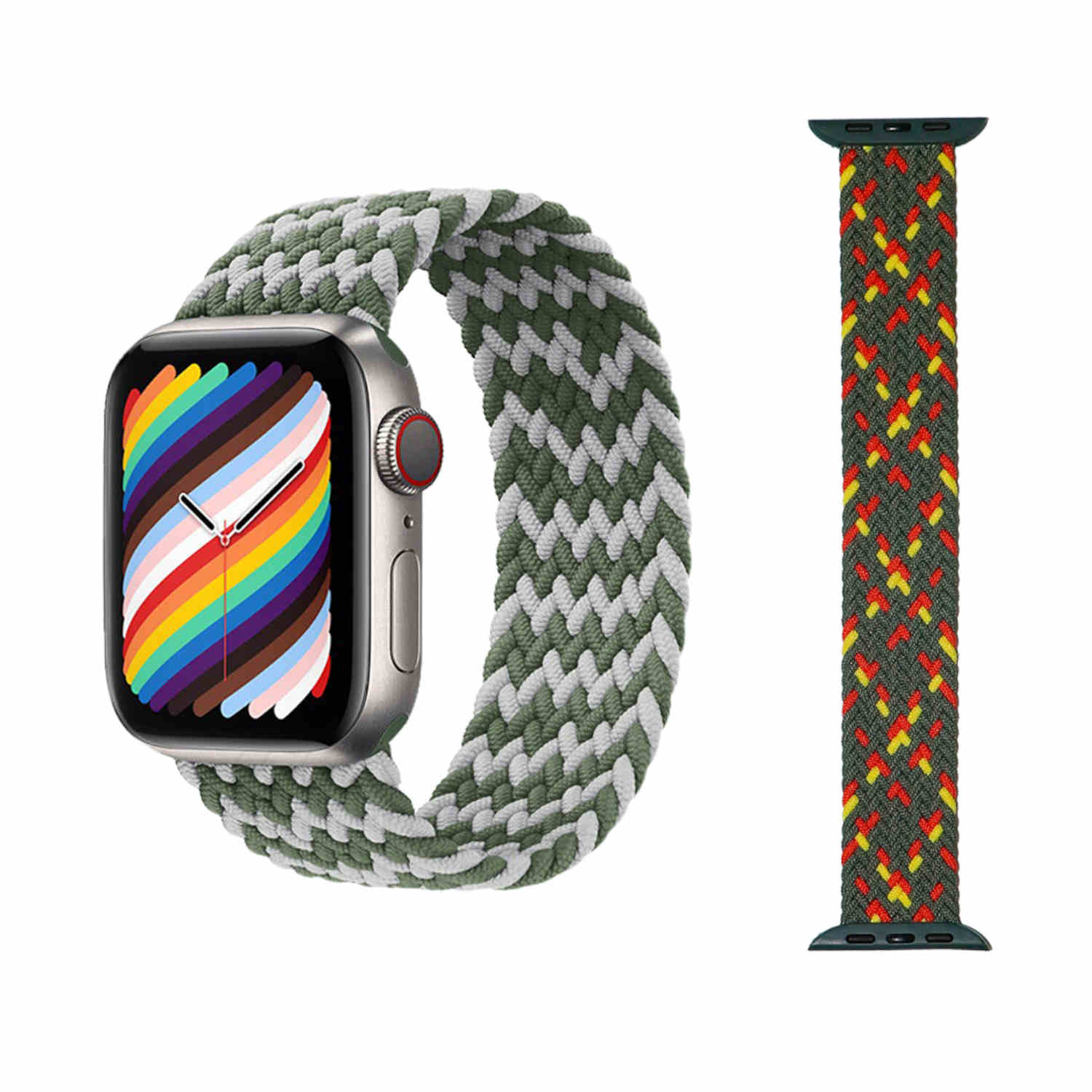 Silberne Apple Watch mit grün-weißem geflochtenem Armband und passendem Bandteil. Das Zifferblatt zeigt einen Regenbogen.