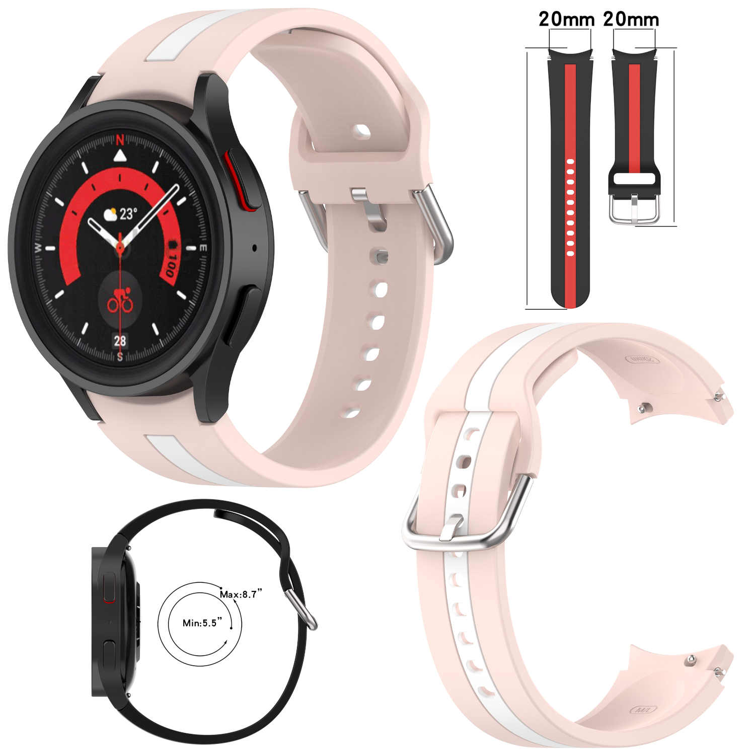 Smartwatch und Armbänder. Uhr ist schwarz mit rosa und weißem Band. Gurtmaße sind enthalten.