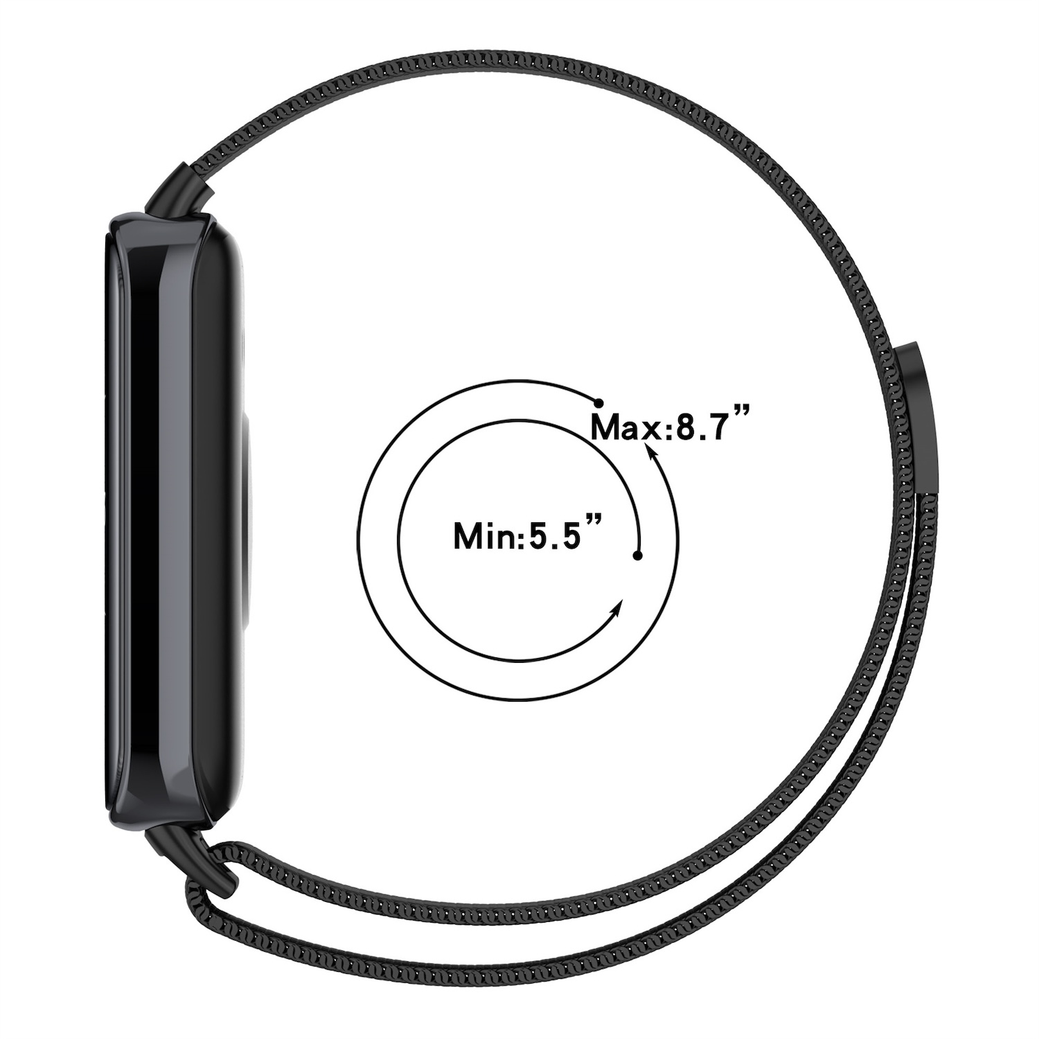 Eine schwarze Smartwatch mit schwarzem Armband und einer kreisförmigen Messung.