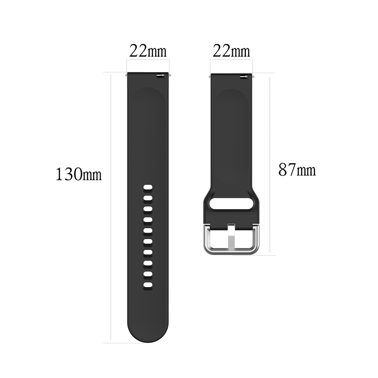 Schwarzes Uhrenarmband, 22 mm breit. Ein Teil ist 130 mm lang, das andere 87 mm. Das Armband hat eine Metallschnalle.