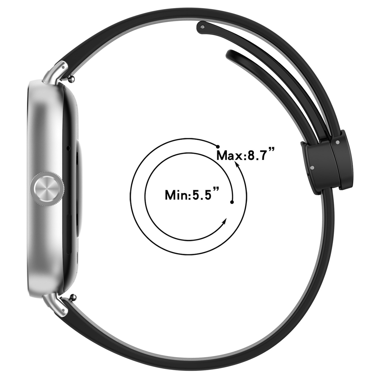 Silberne Smartwatch mit schwarzem Band. Zeigt Größenbereich: 5,5" bis 8,7".