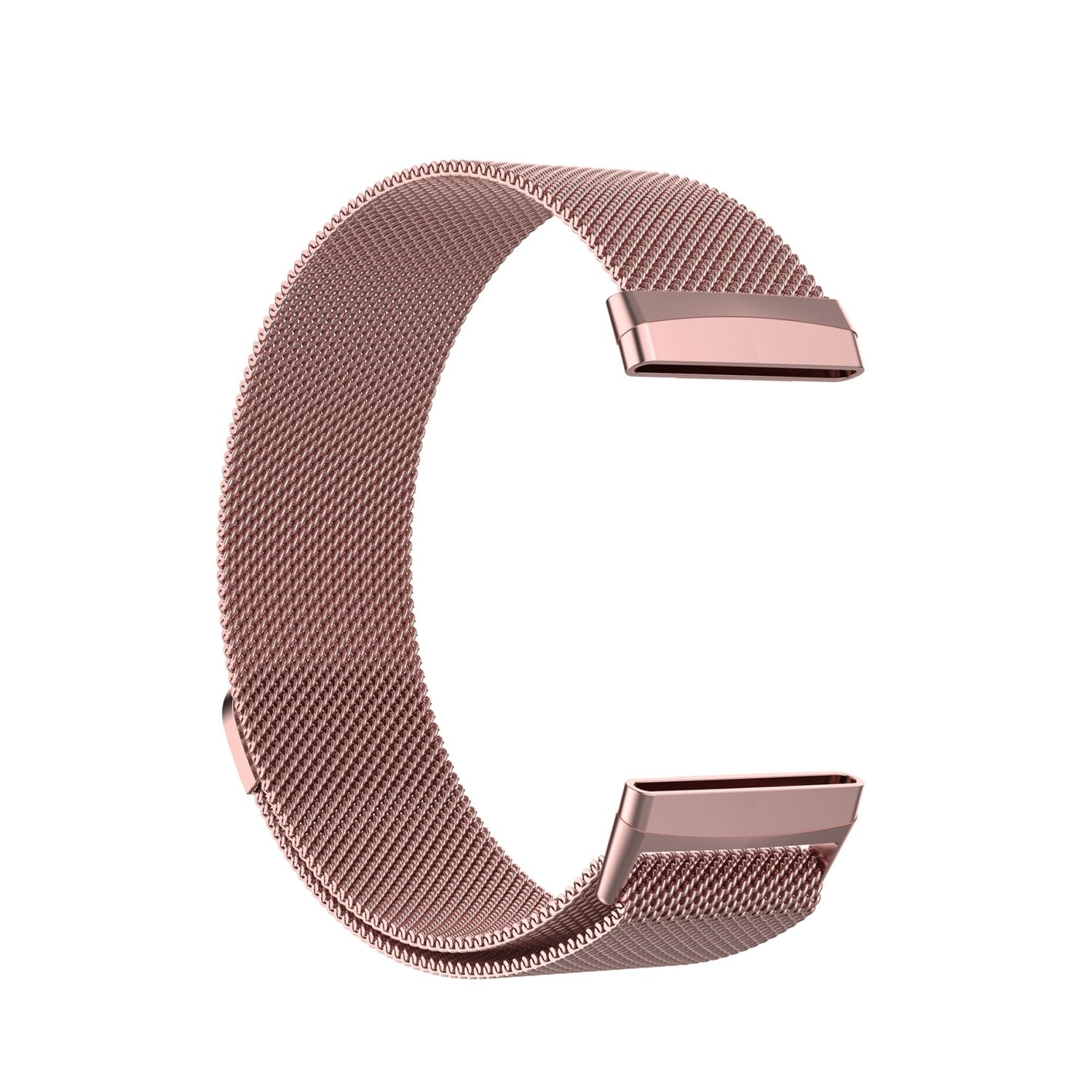 Roségoldenes Mesh-Uhrenarmband. C-förmig mit Verschlüssen an beiden Enden. Weißer Hintergrund.