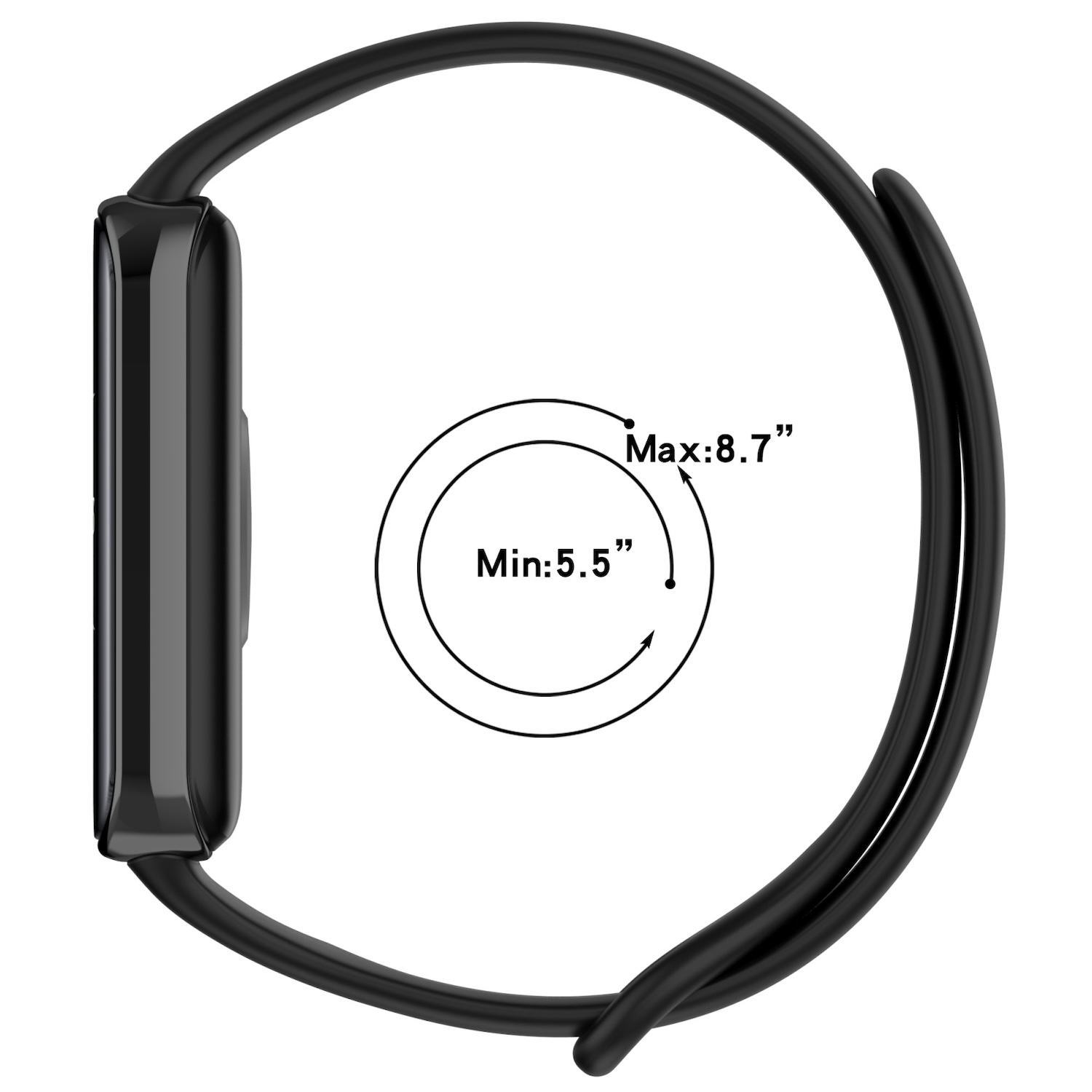 Schwarze Smartwatch mit schwarzem Armband. Das Zifferblatt zeigt Abmessungen: min. 5,5", max. 8,7".