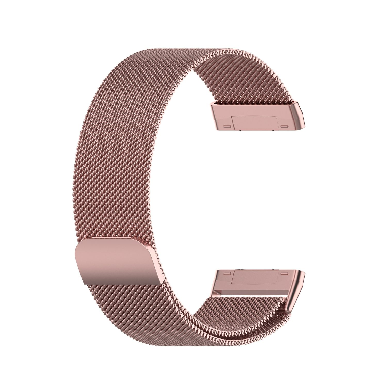 Roségoldenes Mesh-Uhrenarmband. C-förmig mit Verschlüssen an beiden Enden. Weißer Hintergrund.