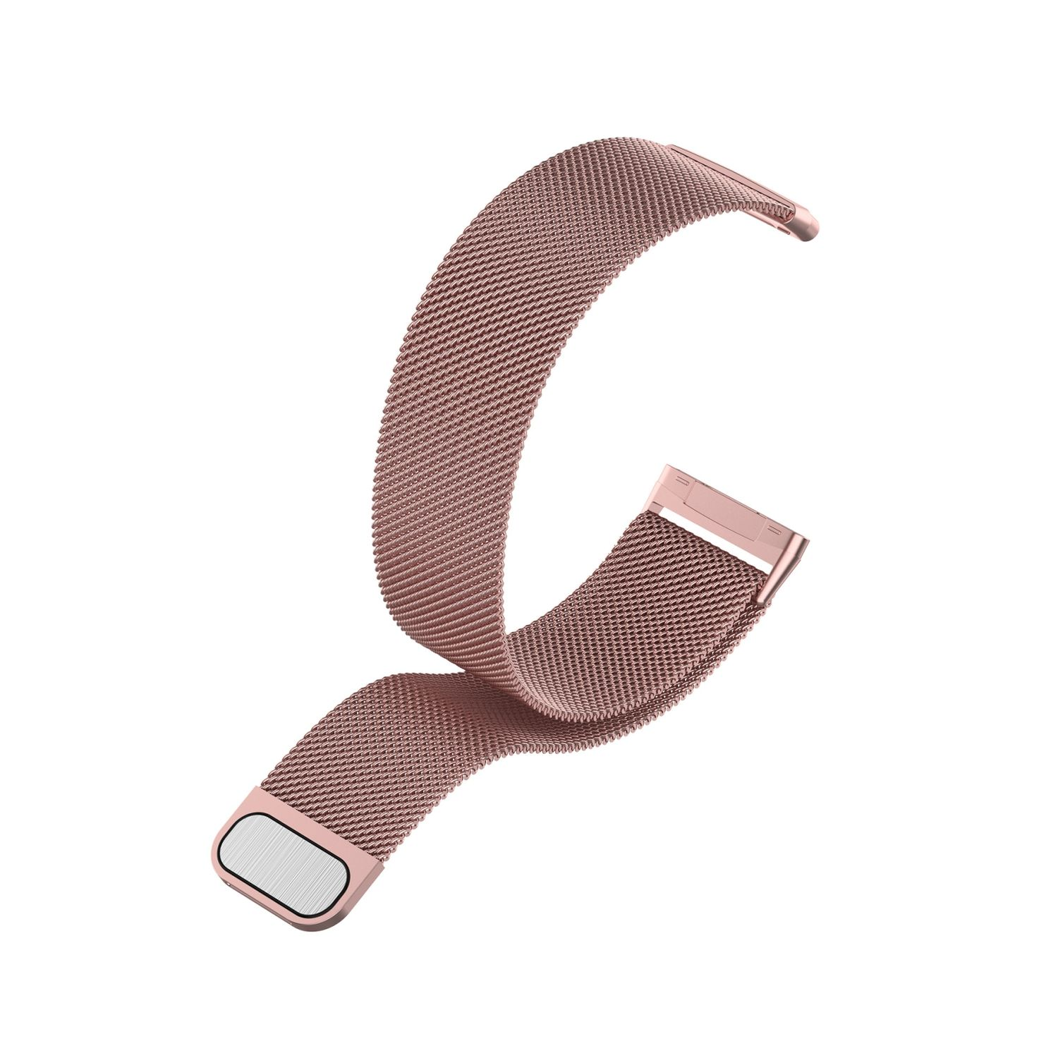 Roségoldenes metallisches Uhrenarmband mit Metallverschluss vor weißem Hintergrund.