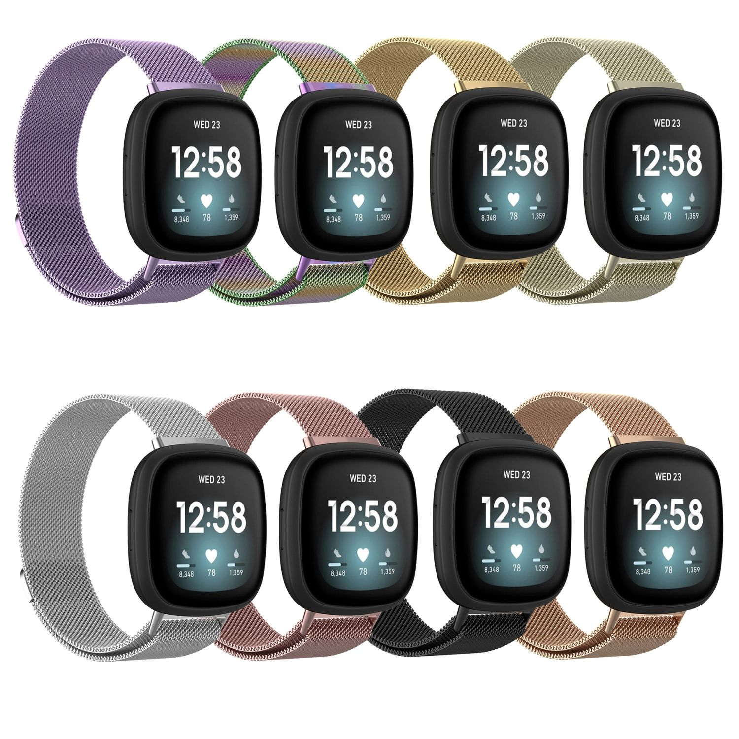 Acht Smartwatches mit verschiedenfarbigen Armbändern. Die Bildschirme zeigen Datum und Uhrzeit an.