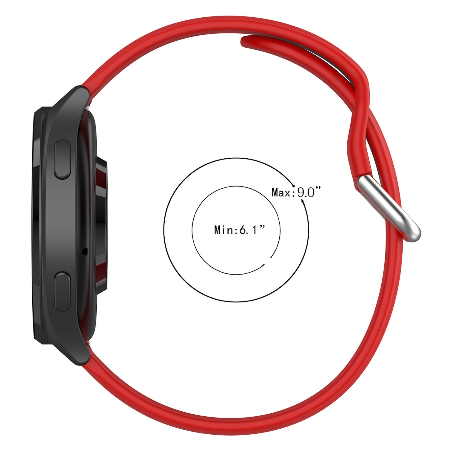 Eine schwarze Smartwatch mit rotem Band. Ein Kreis zeigt den einstellbaren Größenbereich.