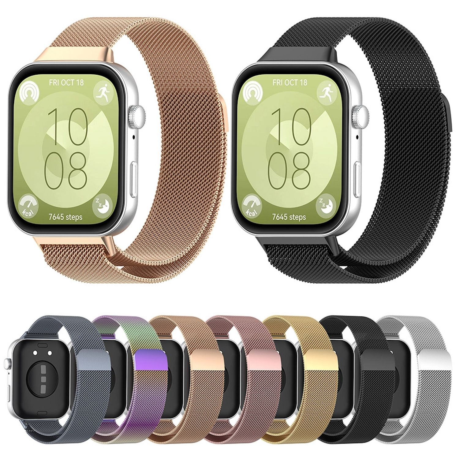 Zwei Smartwatches mit Mesh-Armbändern. Eine ist gold, die andere schwarz. Verschiedene Bänder.