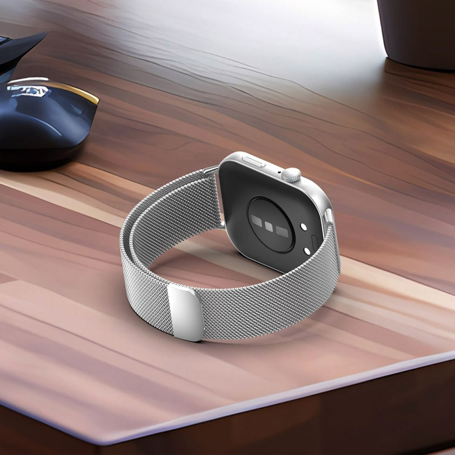 Eine Smartwatch mit silbernem Armband, auf einem Holztisch platziert.