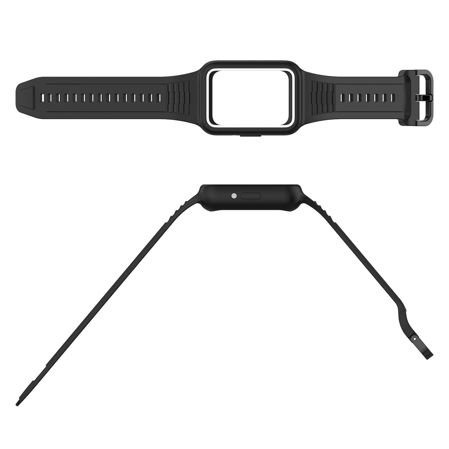 Schwarze Smartwatch-Armbänder und ein Zifferblattrahmen. Draufsicht zeigt Bänder, Seitenansicht zeigt Rahmen.