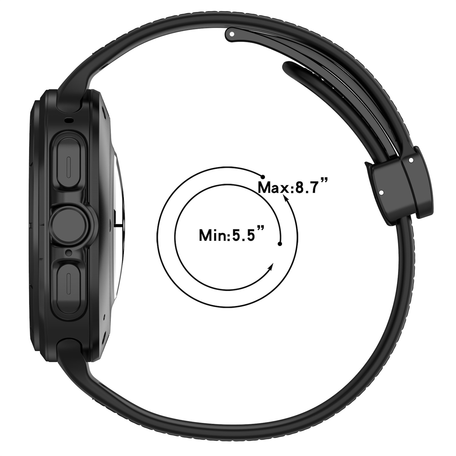Smartwatch nera con cinturino nero. Il cerchio indica l'intervallo di dimensioni: max 8,7", min 5,5".