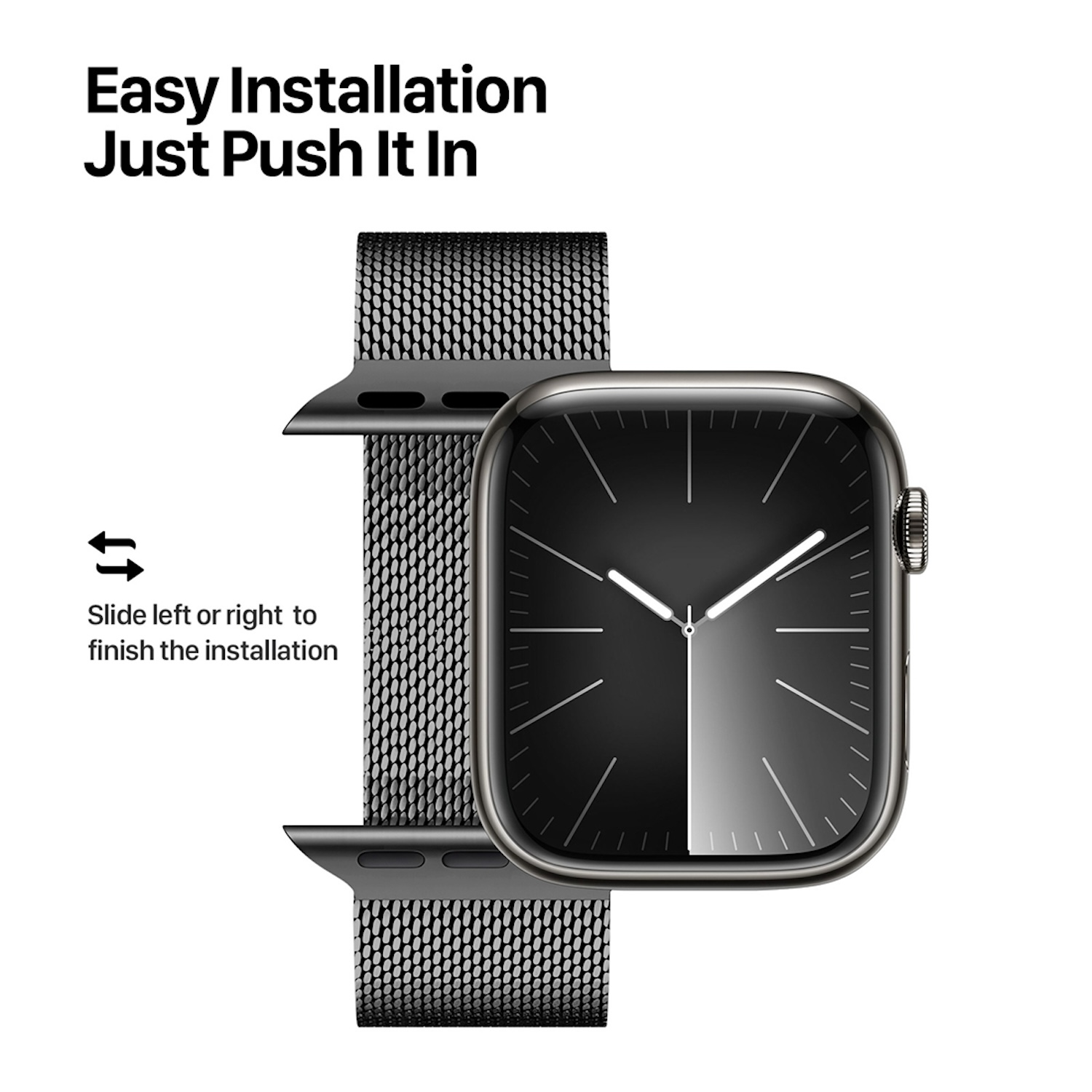 Apple Watch mit Mesh-Armband, mit Anweisungen: Zum Installieren nach links oder rechts schieben.