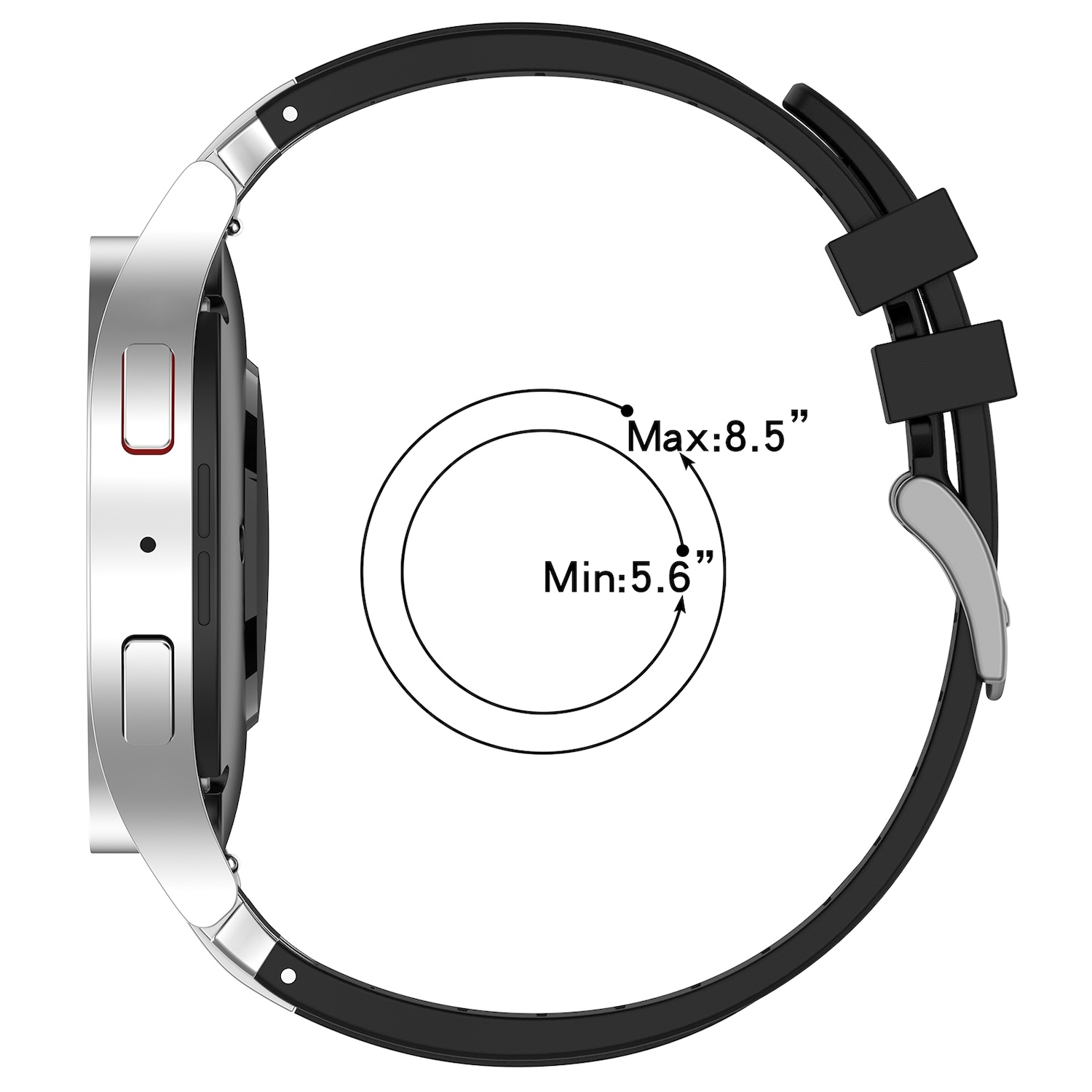 Smartwatch argentato. Il cinturino è nero, con una chiusura nera e argentata. I cerchi mostrano le dimensioni.