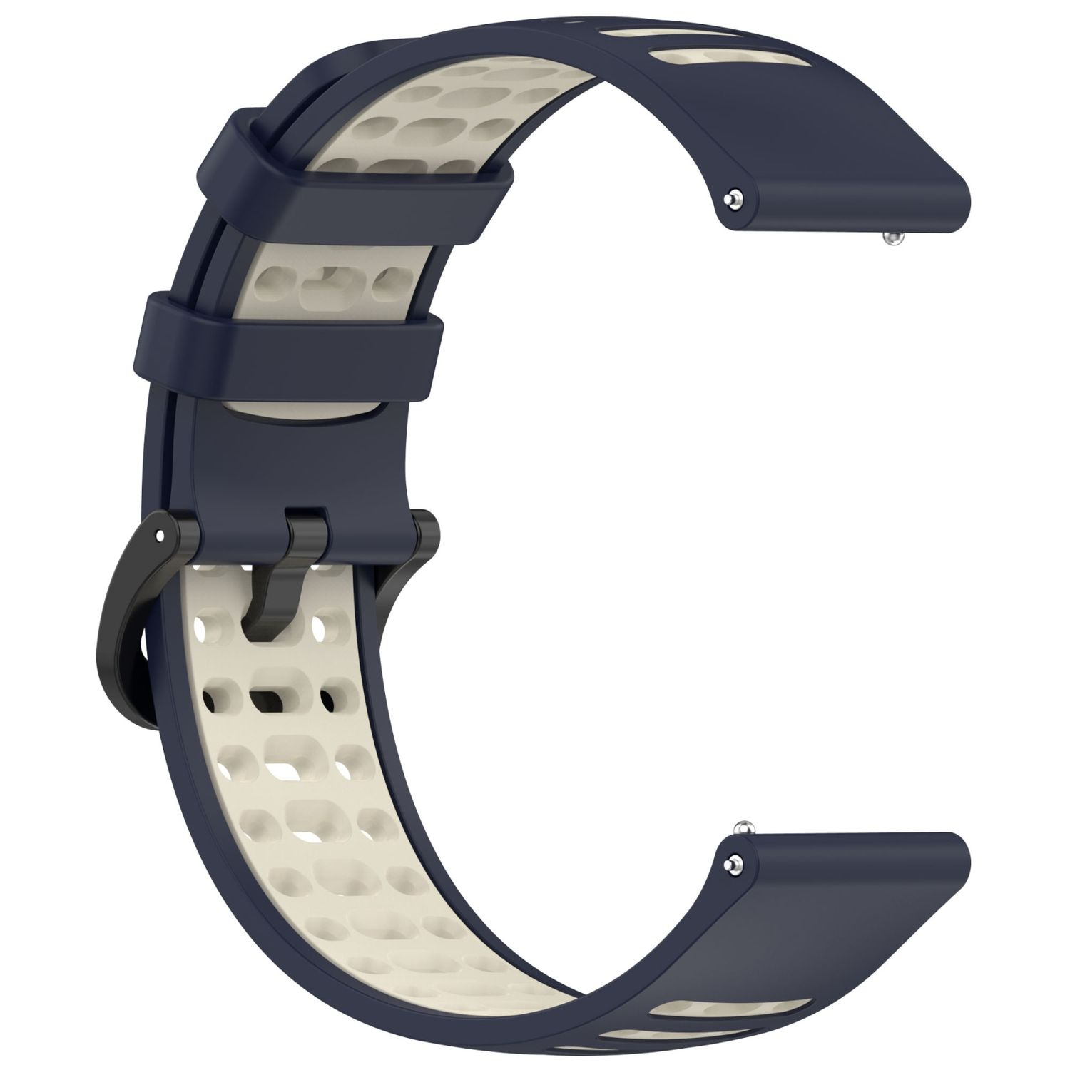 Marineblaues und beigefarbenes Uhrenarmband mit Wabenmuster auf der Innenseite.