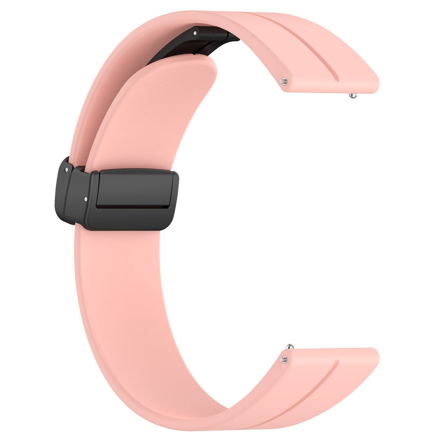 Rosa Uhrenarmband mit schwarzem Verschluss auf weißem Hintergrund.