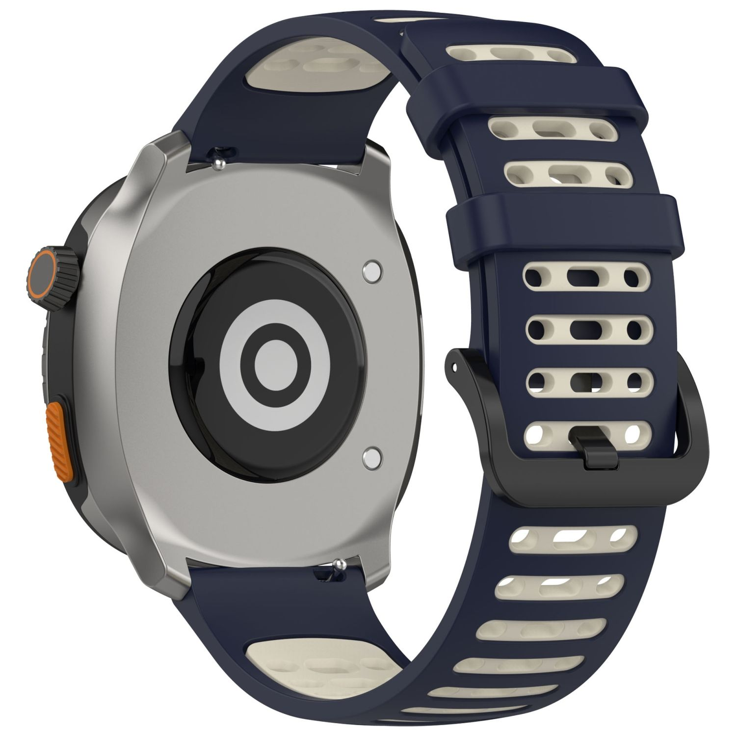Eine silberne Smartwatch mit einem dunkelblauen Armband. Die Rückseite der Uhr ist sichtbar.
