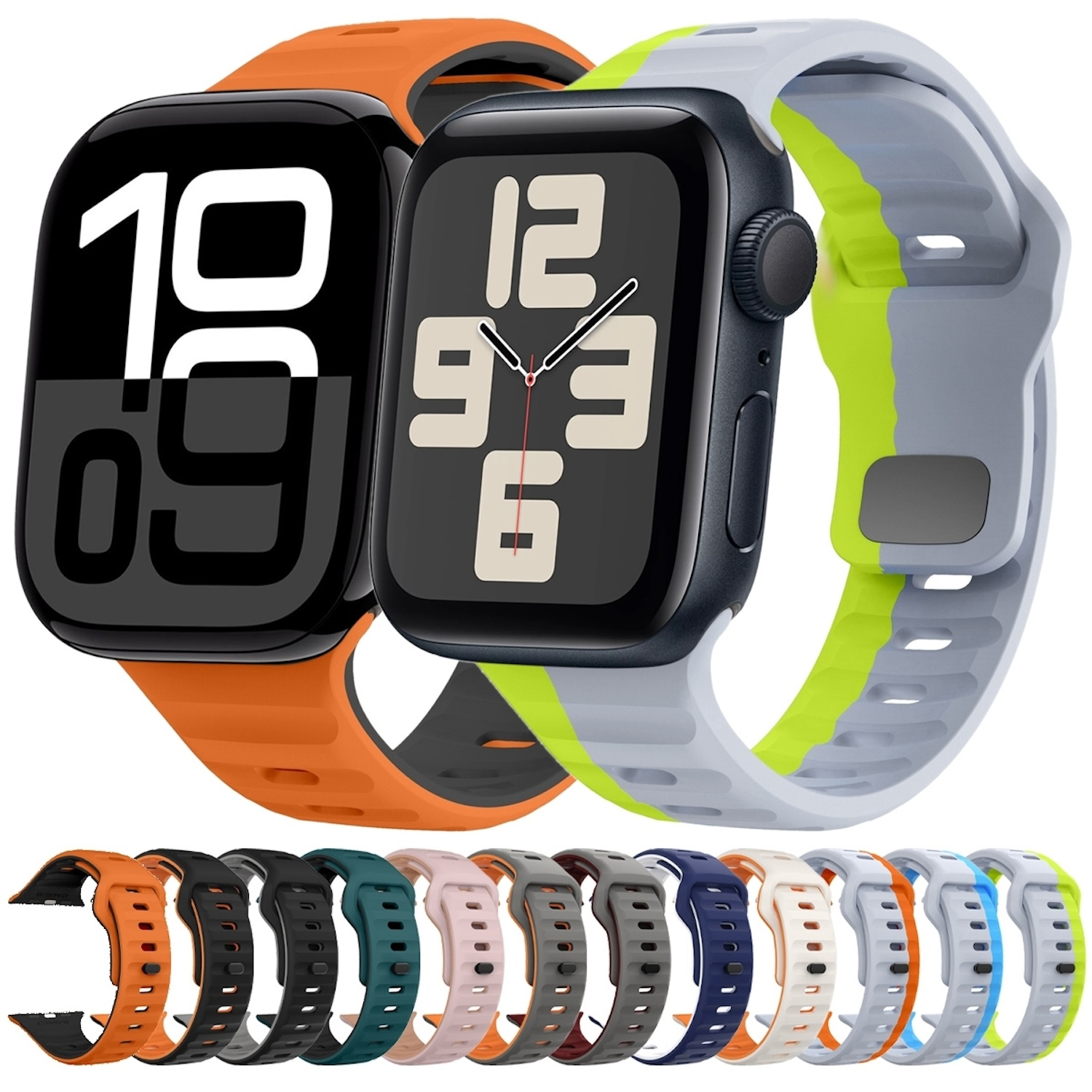 Zwei Smartwatches mit unterschiedlich farbigen Armbändern. Eine ist orange, die andere weiß und grün, mit anderen Bändern darunter.