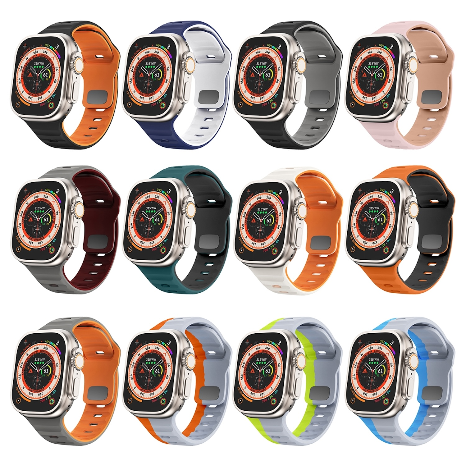 Sammlung von Smartwatches mit verschiedenen farbigen Armbändern, die verschiedene Anzeigen zeigen.