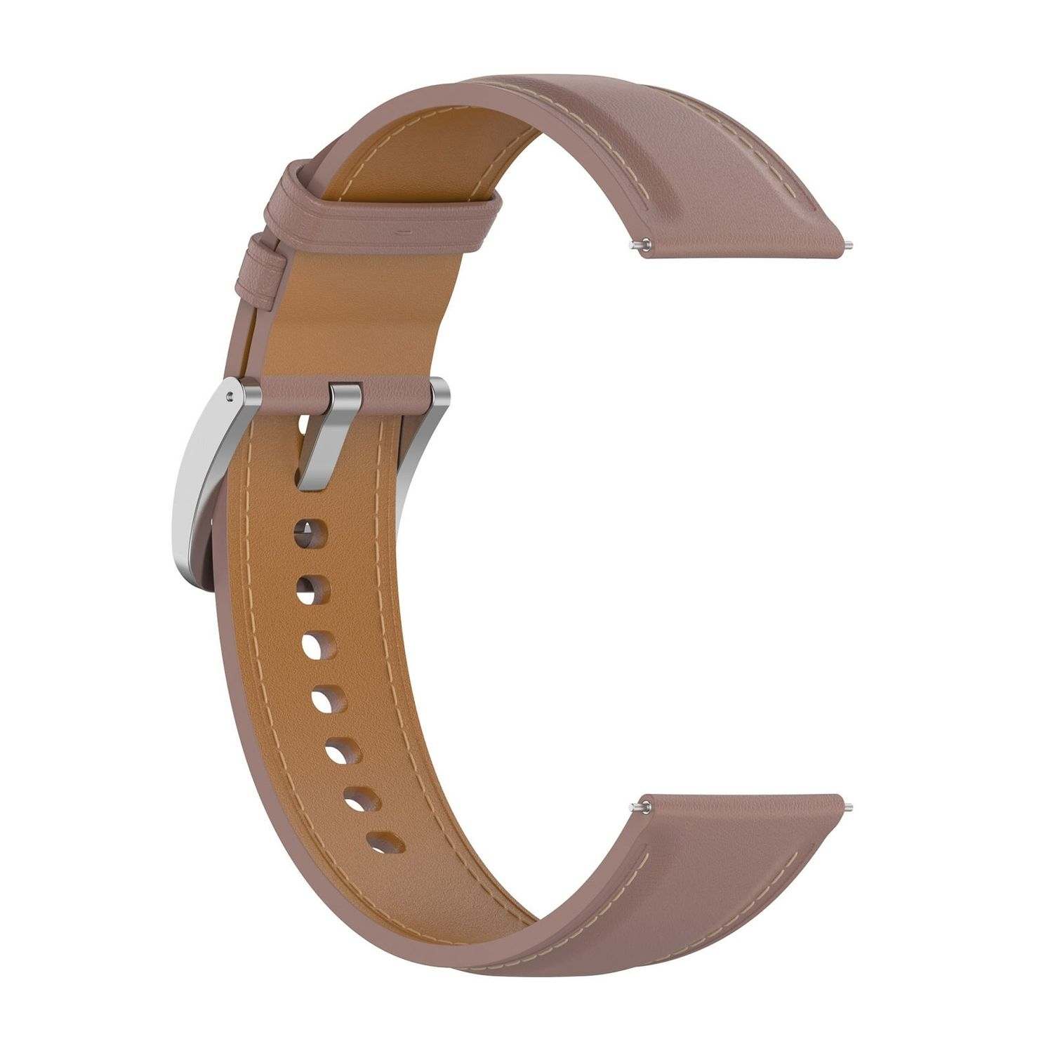 Ein braunes Leder-Uhrenarmband mit silberner Schnalle wird angezeigt. Das Armband hat eine Naht entlang der Kanten.