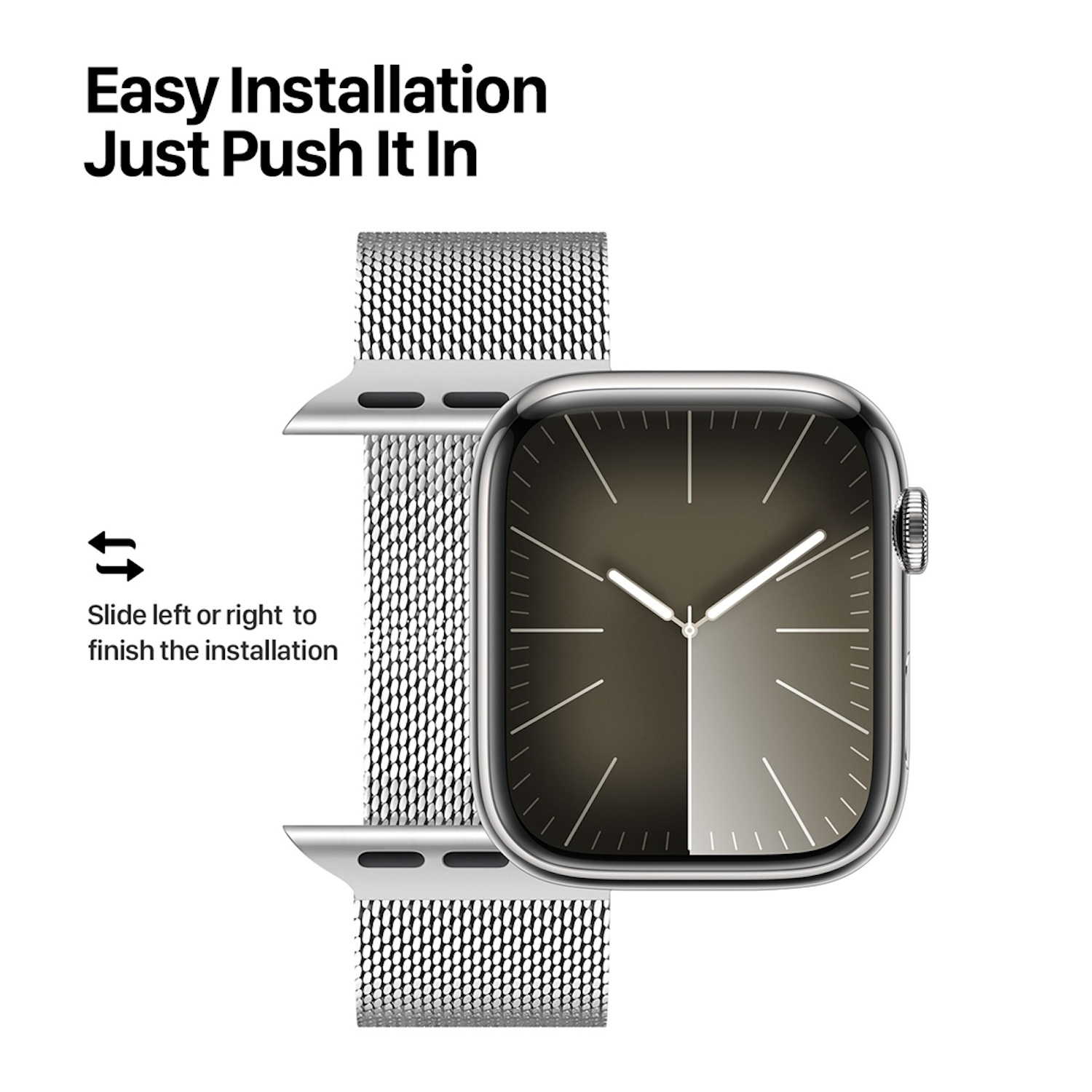Silberne Uhr mit Mesh-Armband. Anweisungen zeigen, wie man es installiert.