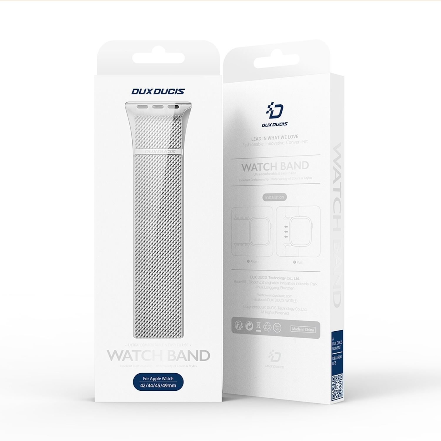 Uhrenarmbandverpackung, weiße Box. Text lautet 'Watch Band' und 'DUX DUCIS'.