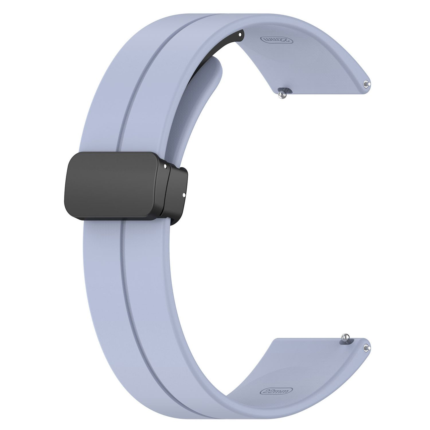 Hellblaues Uhrenarmband mit schwarzem Verschluss. Das Band ist gebogen und hat eine glatte Textur.